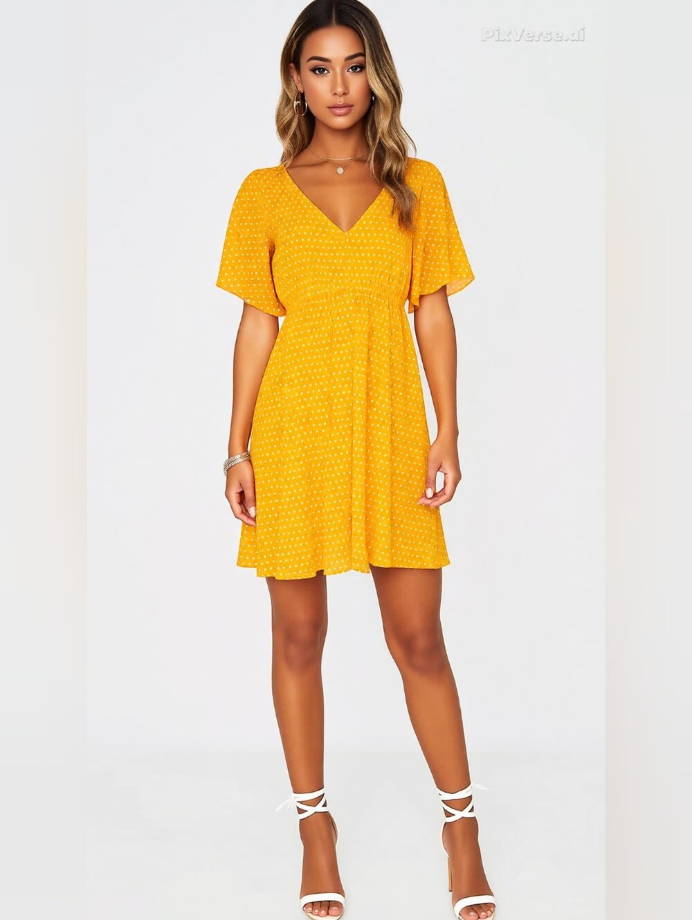 Andree By Unit Yellow Polka Dot Flutter Sleeve Dress